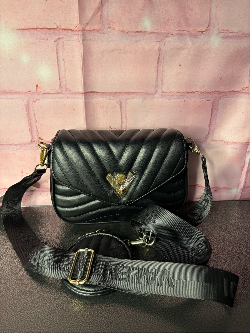 Valentino Orlandi Black Quilted Crossbody with Gold V Emblem and Logo Strap